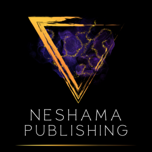 A black square with an upside down triangle made of gold paint in the center. The words Neshama Publishing are in the middle, and a cloud of purple and gold dust is behind the words and triangle.